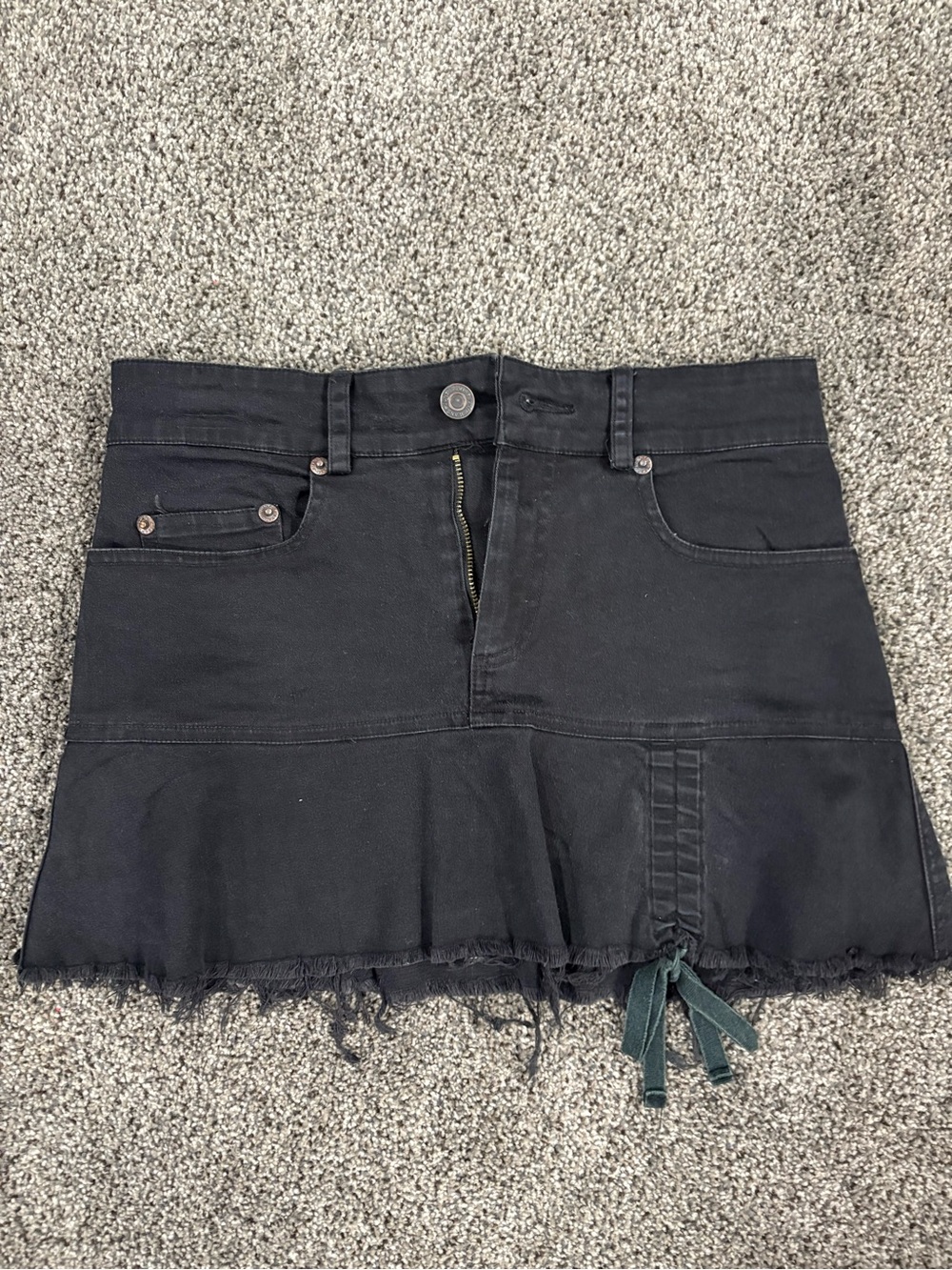 Black Denim Ruffle Hem Mini Skirt